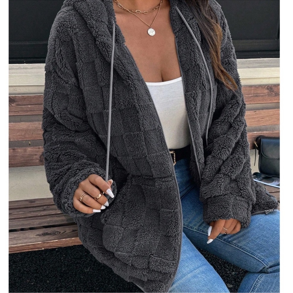 Plus Solid Charcoal Checkered Zip Up Drawstring H… - image 2